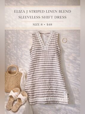 Eliza J Striped Linen Blend Sleeveless Shift Dress Size 8